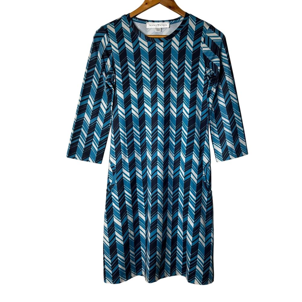 Lesley Evers Dress Nylon Knit Chevron Pockets Crew Neck Pullover Shift Size‎ XS